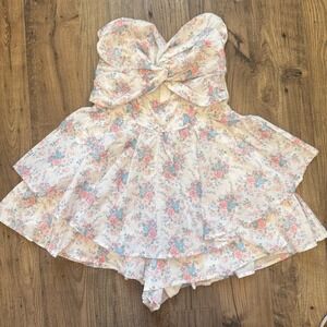 Altar State Floral Sweetheart Smocked Tiered Ruffle Romper Dress Size S